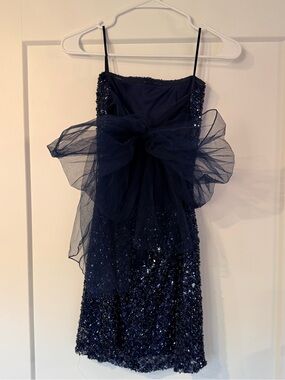 Homecoming Navy Sequin Dress with Tulle Bow